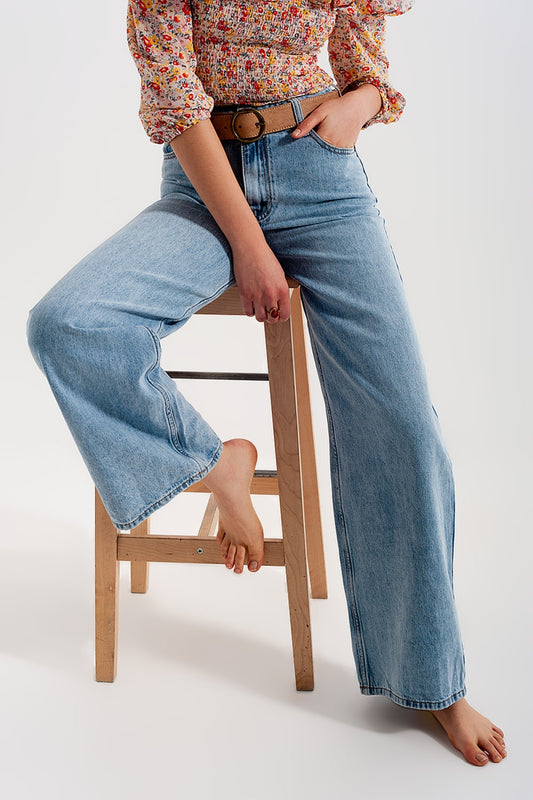 Q2 Jean droit large à taille haute bleu clair