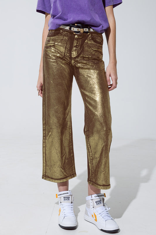 Q2 Jean droit marron avec reflets métalliques dorés