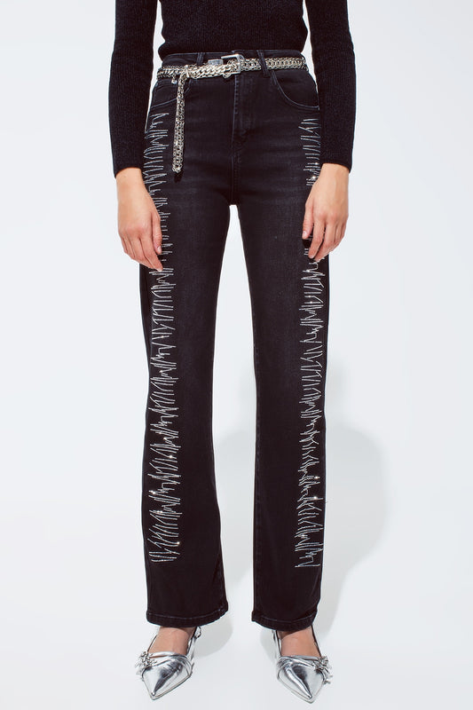 Q2 Jean droit noir avec détails en strass argentés