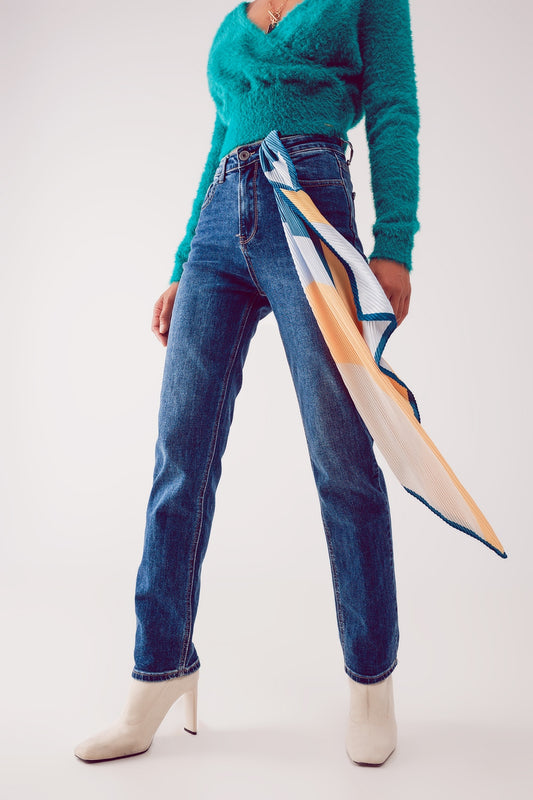 Q2 Jean droit taille haute en coton mélangé Bleu profond