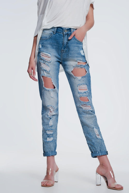 Q2 Jean droit ultra taille haute à déchirures Bleu clair