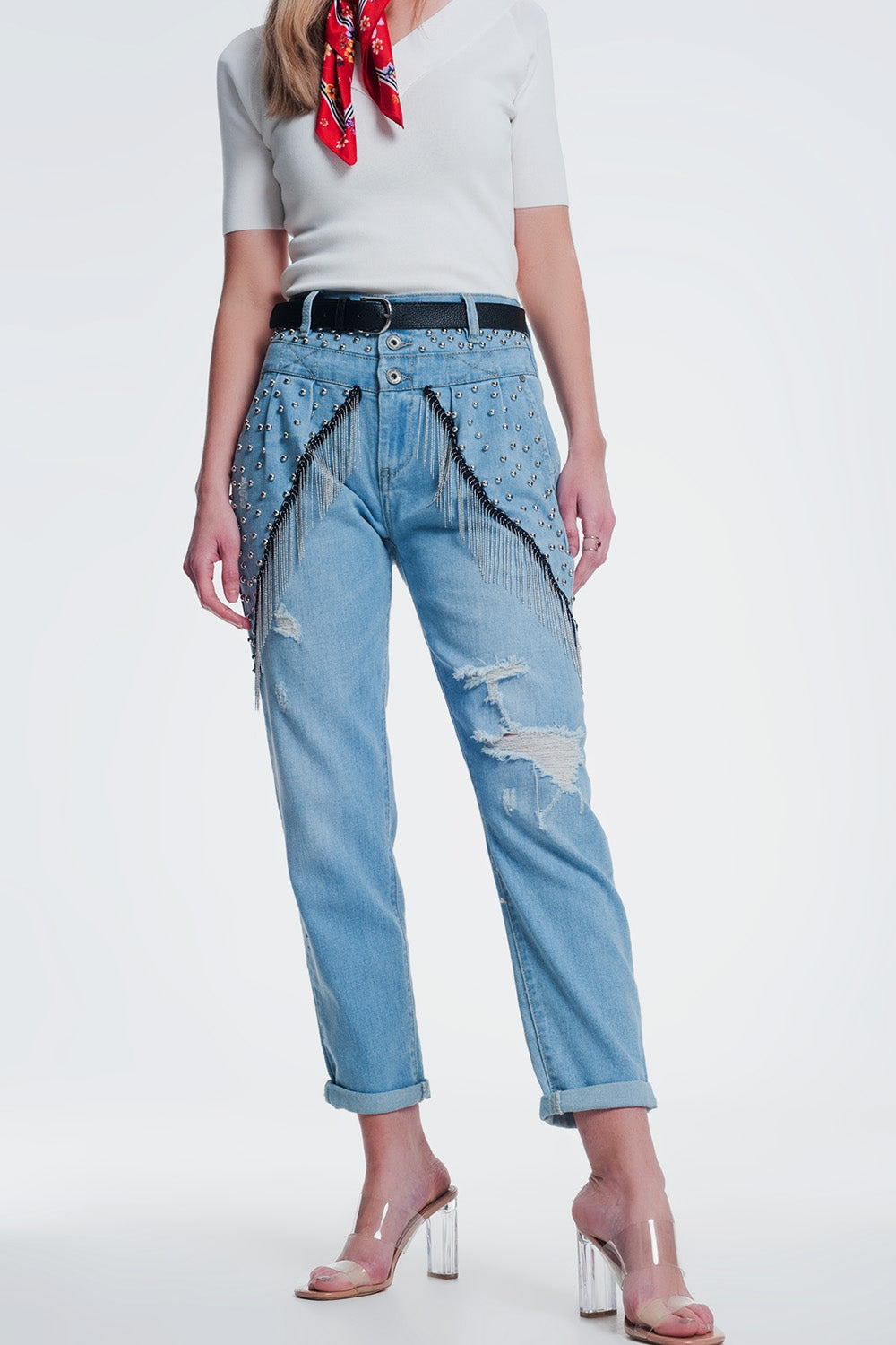 jean droit vintage déchiré avec clous