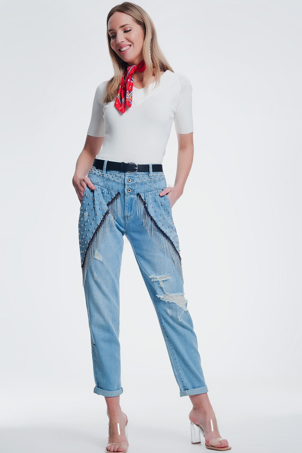 jean droit vintage déchiré avec clous