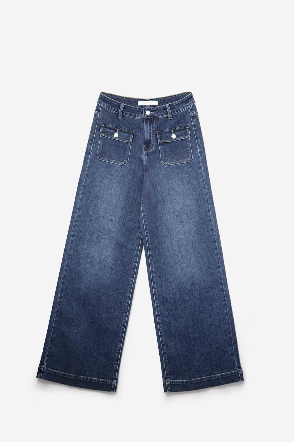Jean en denim bleu à jambes larges avec détails de boutons