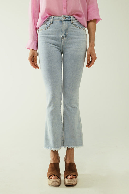 Q2 Jean évasé bleu clair avec cinq poches et finition sans couture