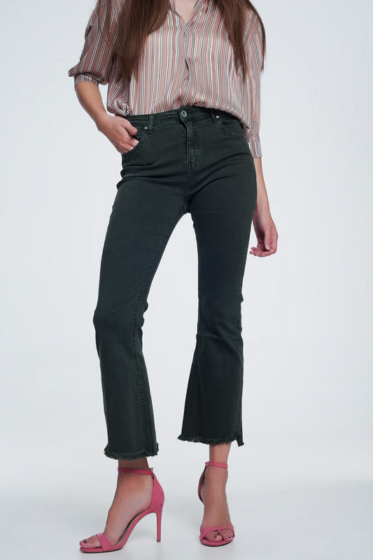 Q2 Jean évasé taille haute avec ourlet à bords bruts en kaki