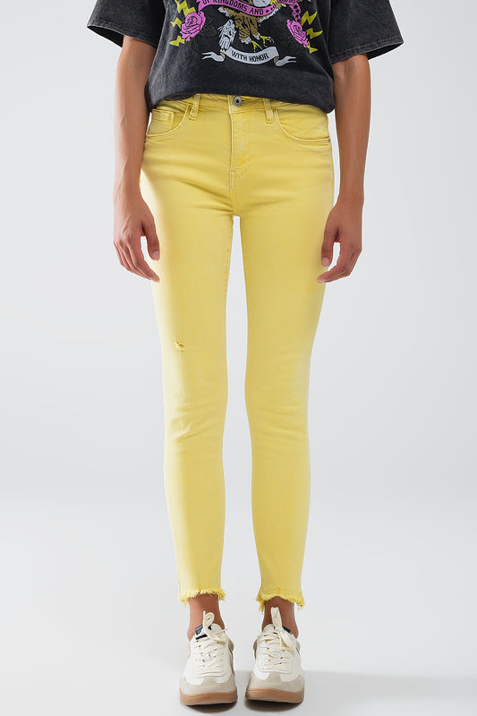 Q2 Jean extensible super skinny à ourlet dentelé jaune
