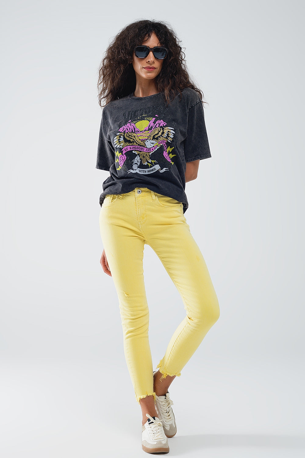 Jean extensible super skinny à ourlet dentelé jaune