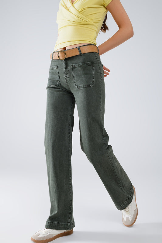Q2 jean flare à taille haute et poches avant kaki foncé