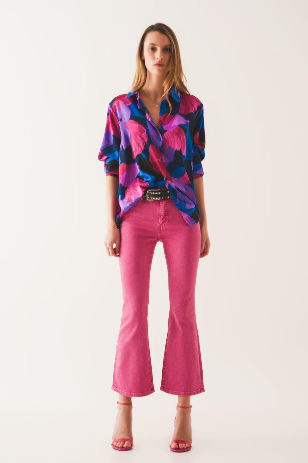 Jean flare taille haute en rose