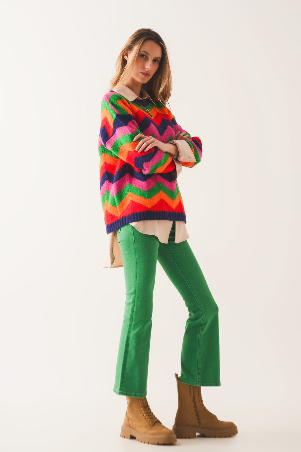 Jean flare taille haute en vert