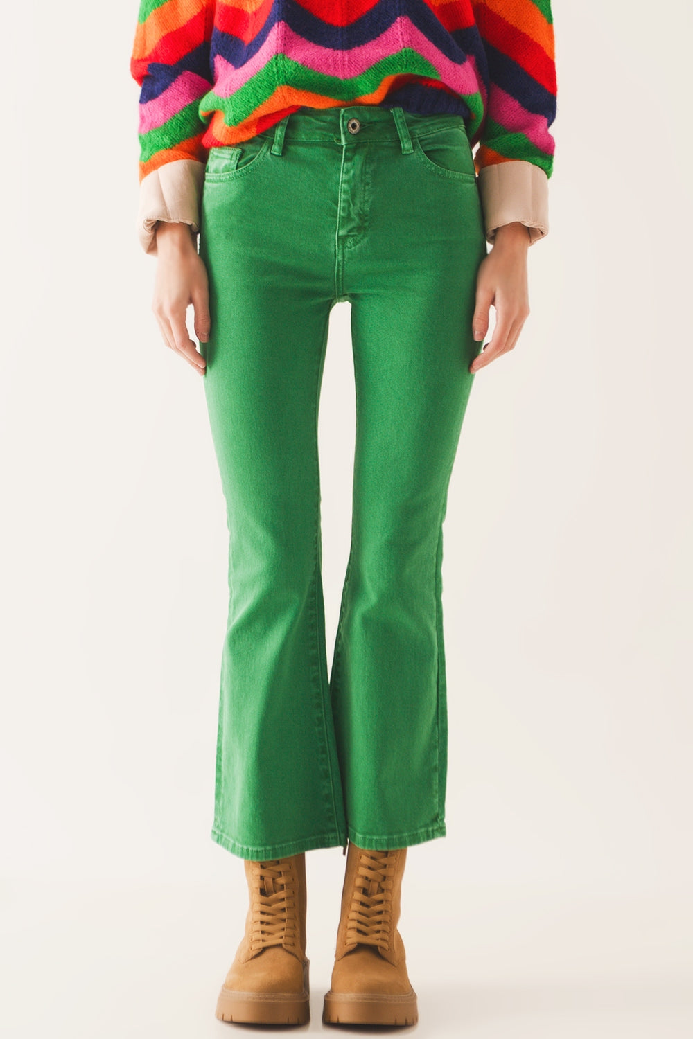 Jean flare taille haute en vert