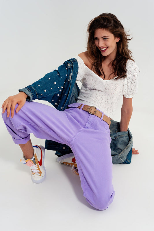 Q2 Jean fuselé et ample à taille haute violet