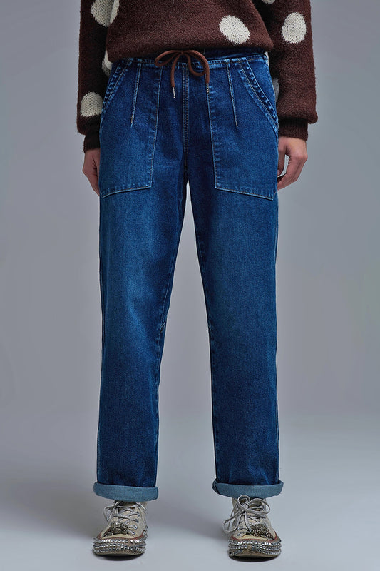 Q2 Jean jogger en denim à la coupe décontractée et à la taille à cordon de serrage