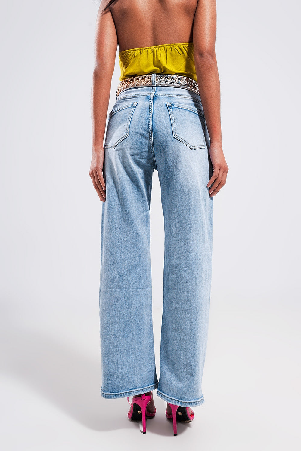 Jean large à taille ultra haute Délavage clair