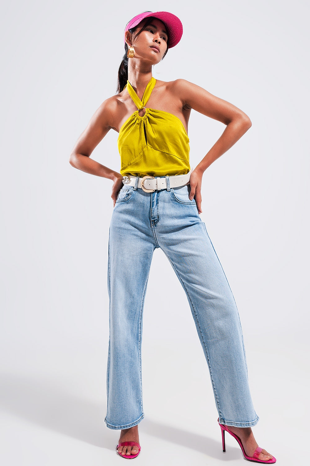 Jean large à taille ultra haute Délavage clair