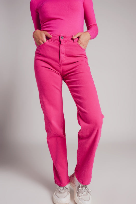 Q2 Jean mom ample à taille haute fuchsia