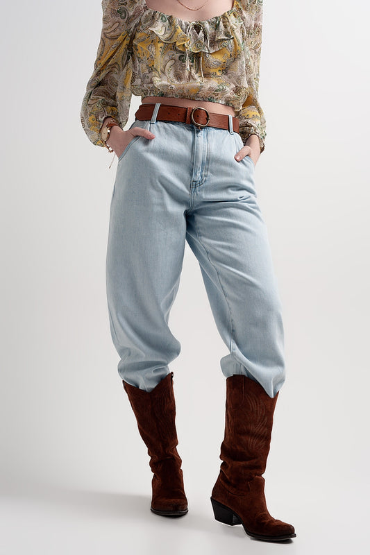 Q2 Jean mom ample taille haute Délavage clair