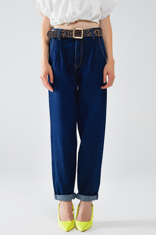 Q2 Jean Mom Bleu Raw Avec Détail Plissé