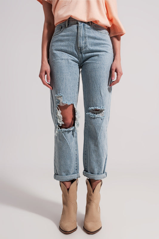 Q2 Jean mom taille haute à déchirures Délavage clair