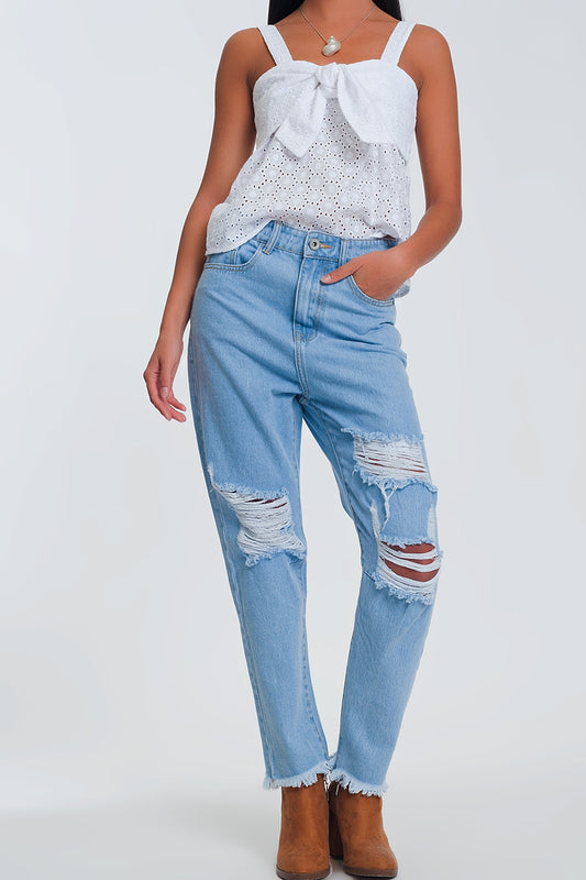 Q2 Jean mom taille haute avec genoux déchirés - Bleu Clair