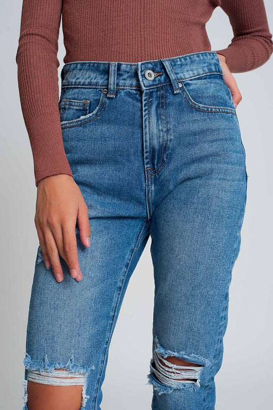 Q2 Jean mom taille haute avec genoux déchirés en bleu délavé foncé