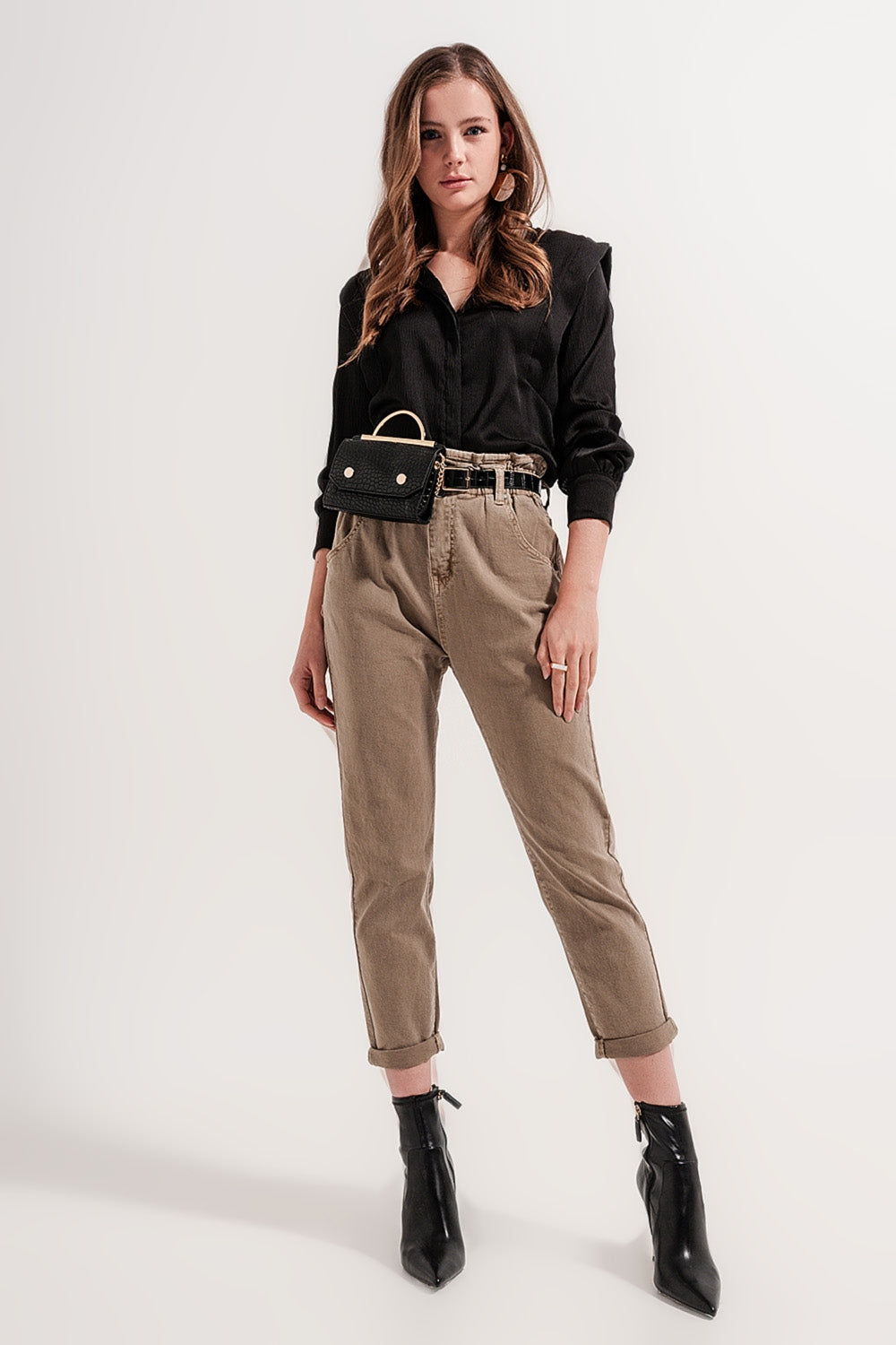 Jean paperbag élastique taille haute froncée beige