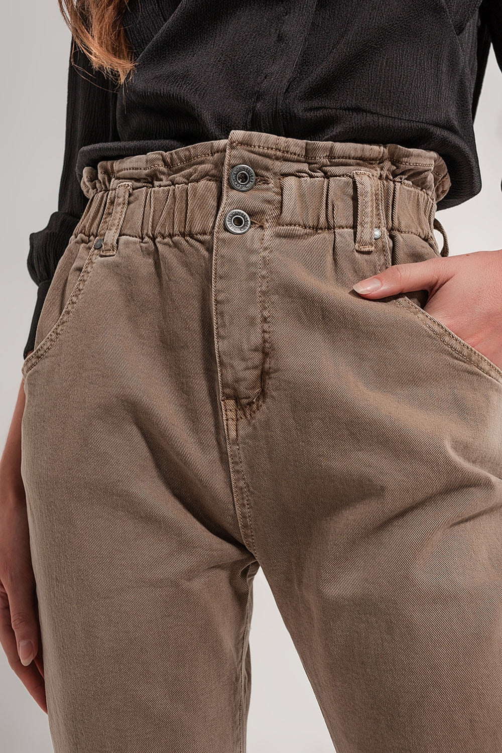 Jean paperbag élastique taille haute froncée beige