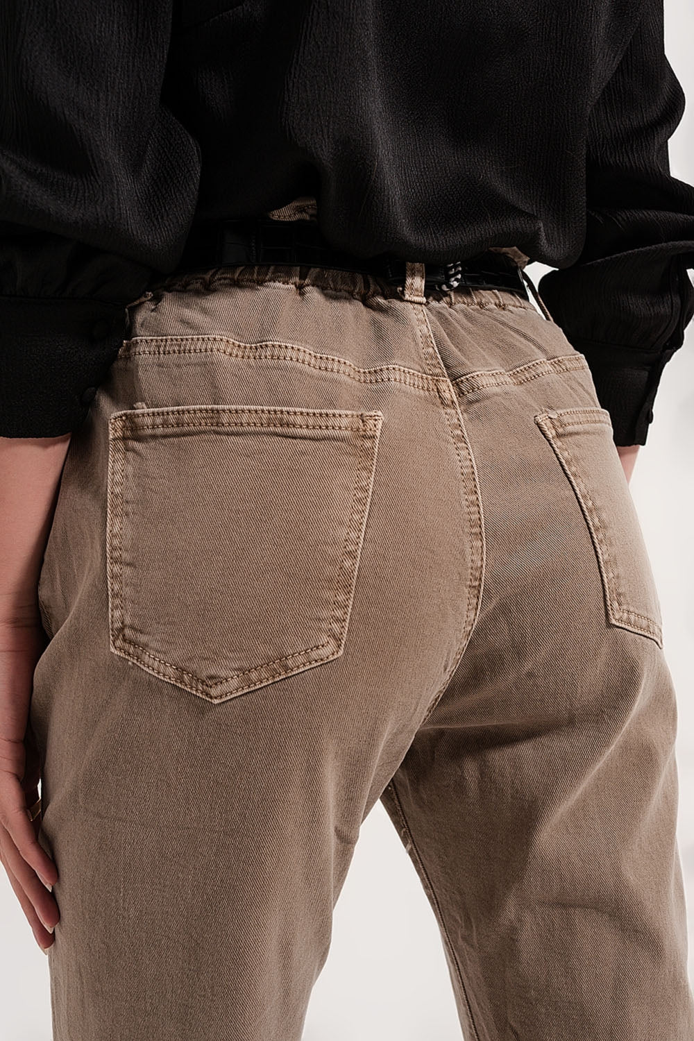 Jean paperbag élastique taille haute froncée beige