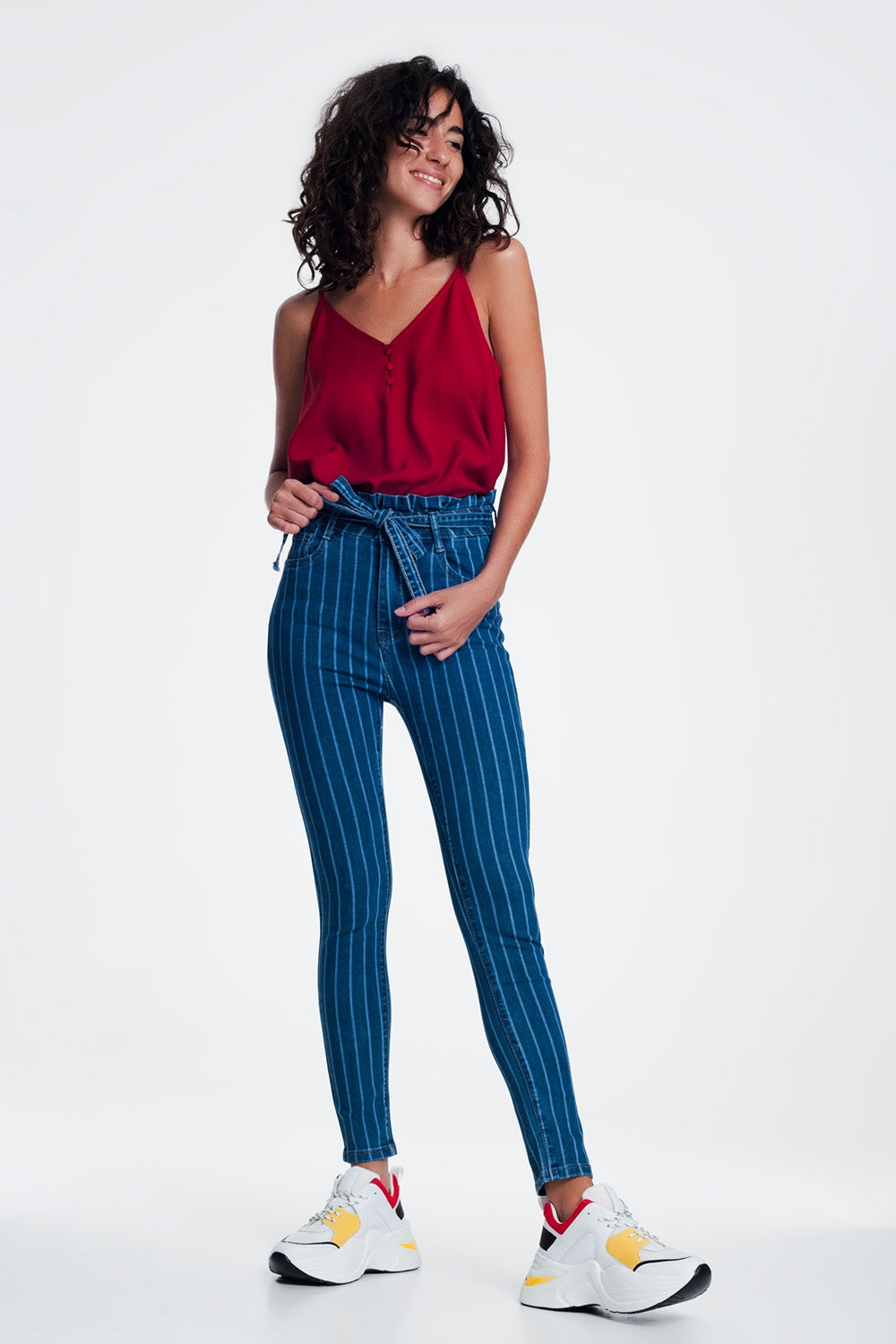 Jean skinny à fines rayures