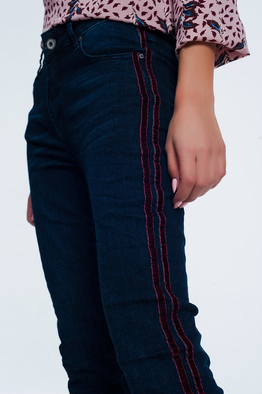 Q2 Jean skinny à rayures style sport rouge
