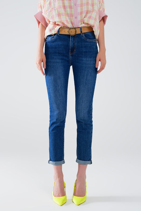 Q2 Jean skinny à taille haute délavé foncé avec cinq poches