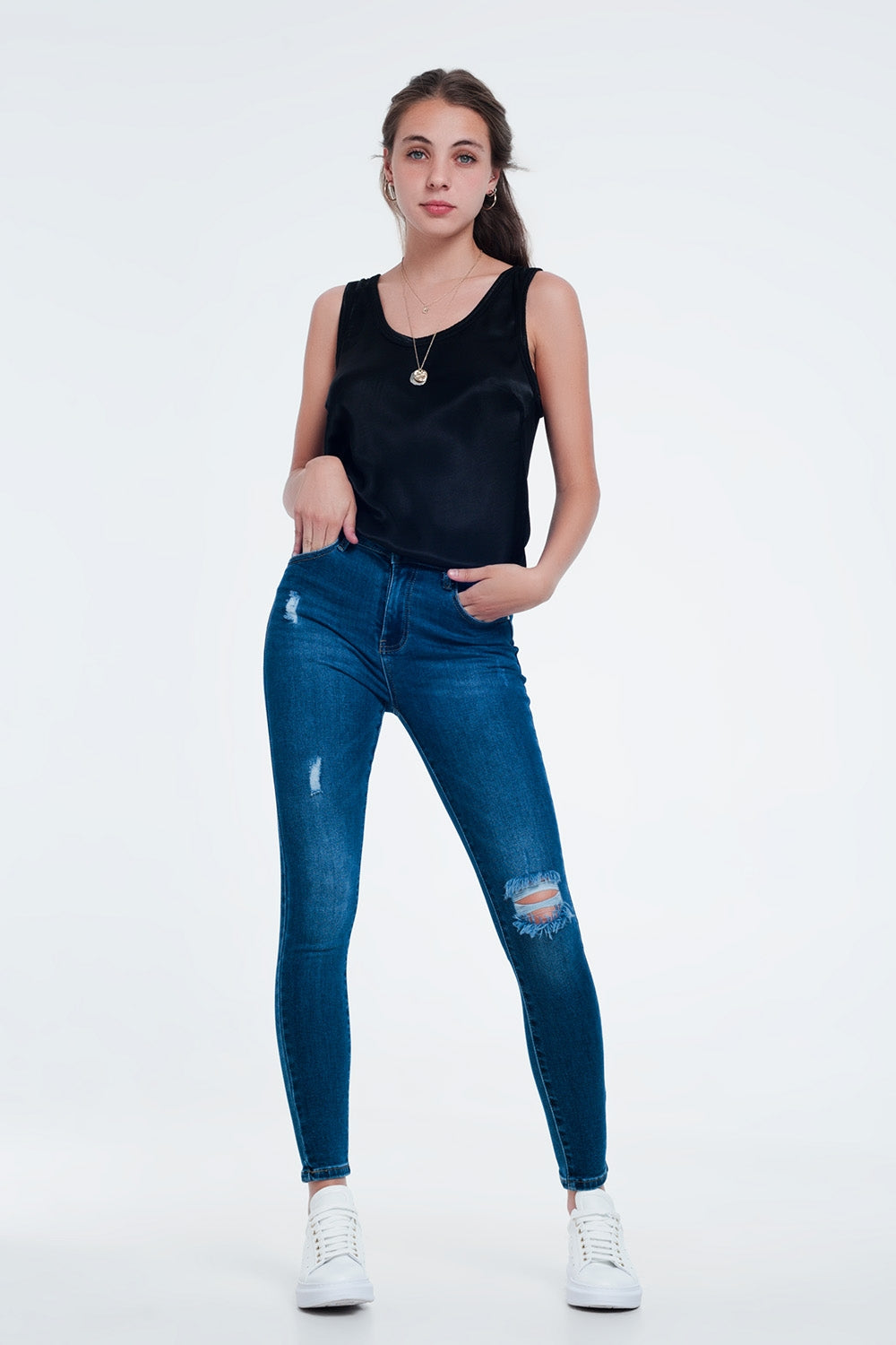 Jean skinny avec déchirures Bleu moyen