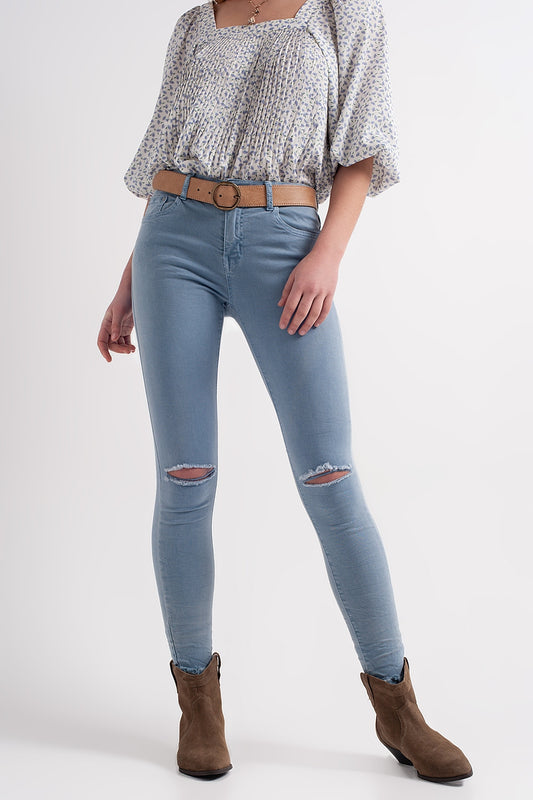 Q2 Jean skinny avec genoux déchirés Bleu