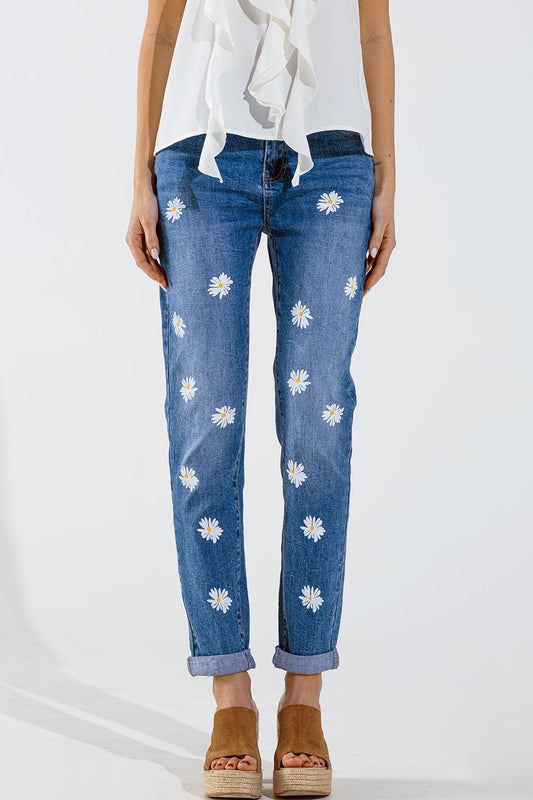 Q2 Jean skinny avec marguerites blanches imprimées délavage moyen
