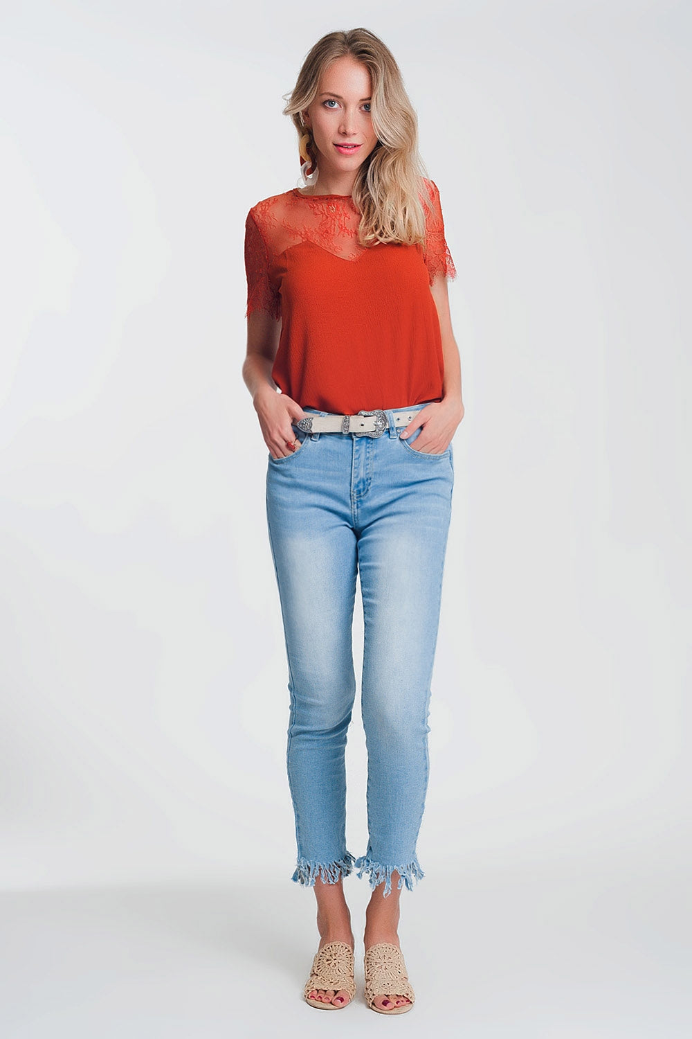 Jean skinny Bleu clair avec ourlet effiloché