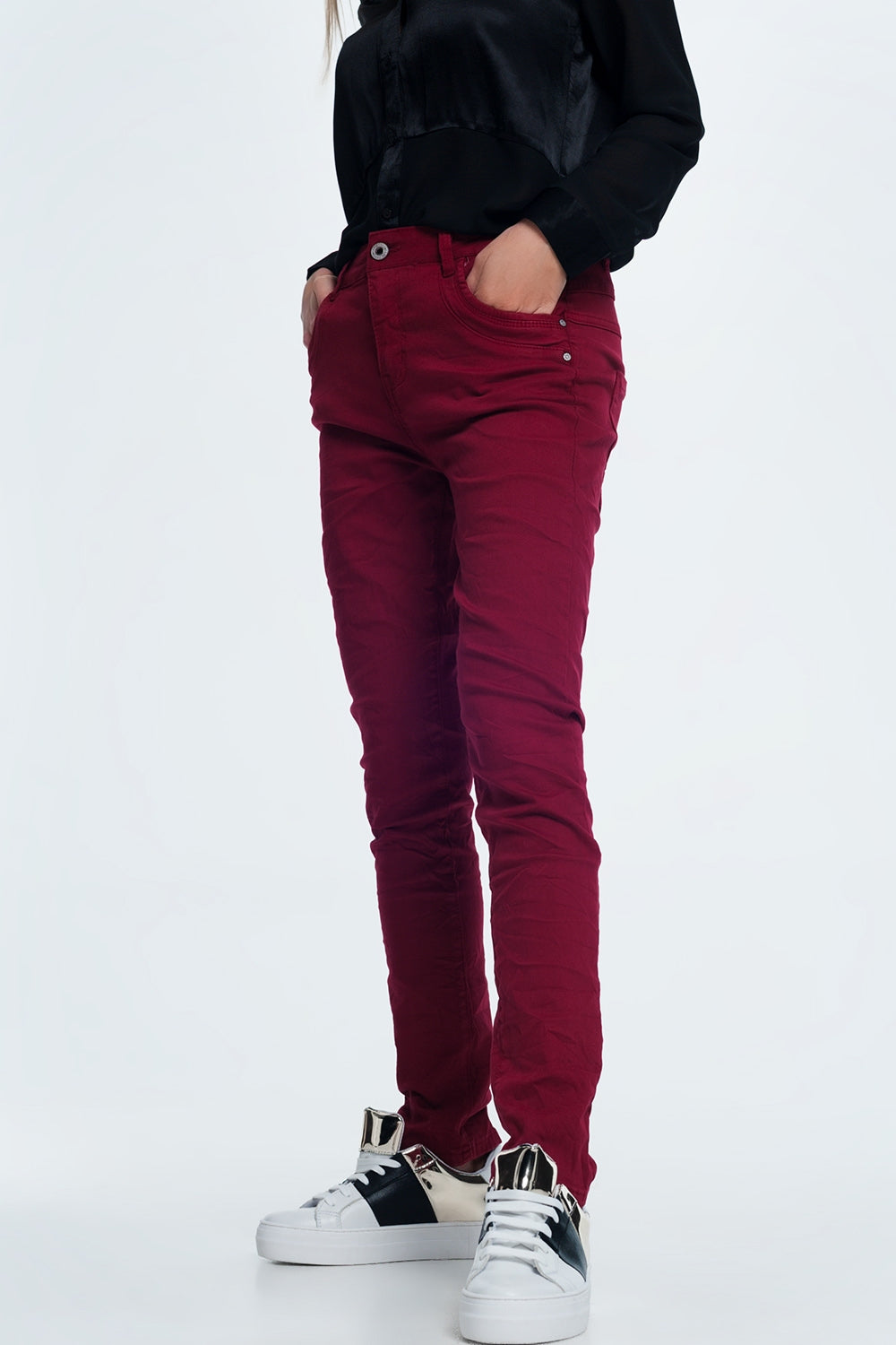 jean skinny bordeaux avec entrejambe bas