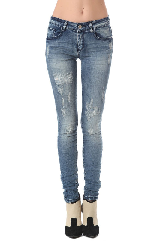 Q2 Jean skinny en délavage bleu moyen avec décolorations légères