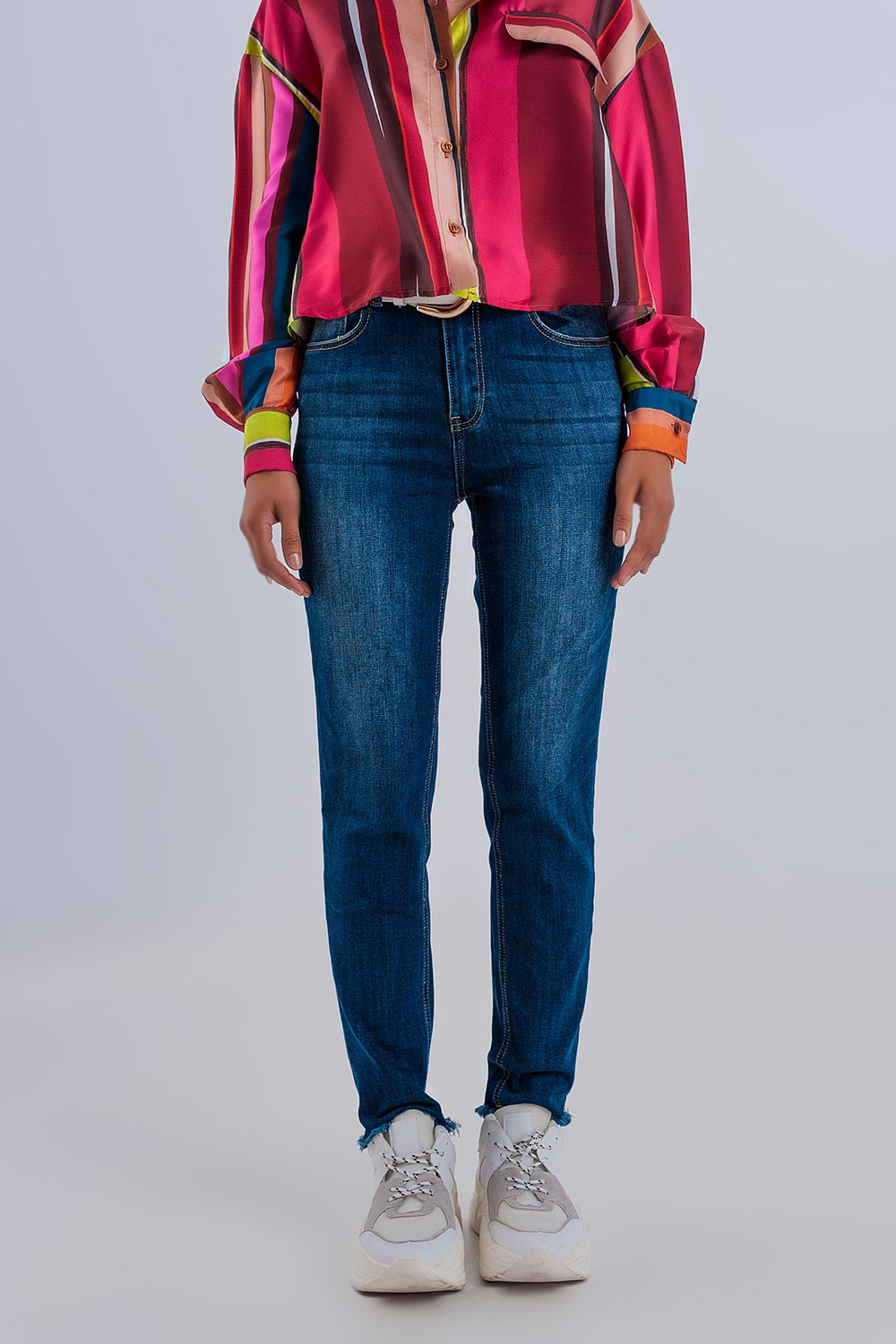 Q2 Jean skinny taille haute à ourlets bruts Bleu foncé