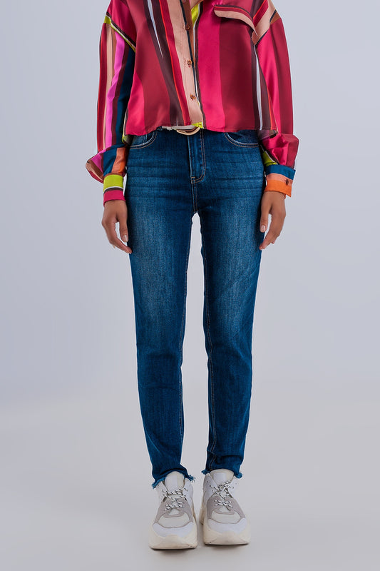 Q2 Jean skinny taille haute à ourlets bruts Bleu foncé