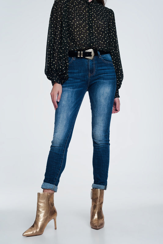 Q2 Jean skinny taille haute - Bleu foncé délavé extrême