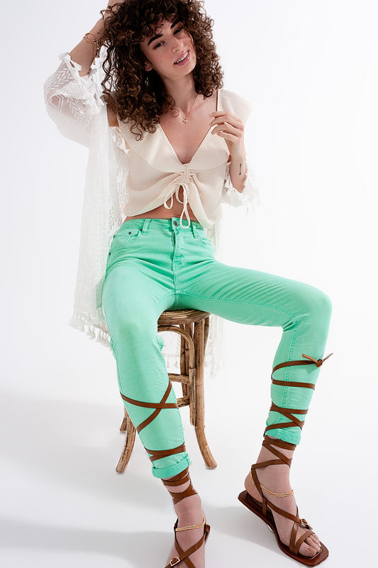 Q2 Jean skinny taille haute en vert pistache