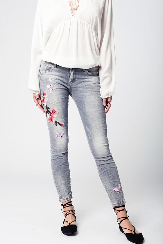 Q2 Jean slim gris brodé