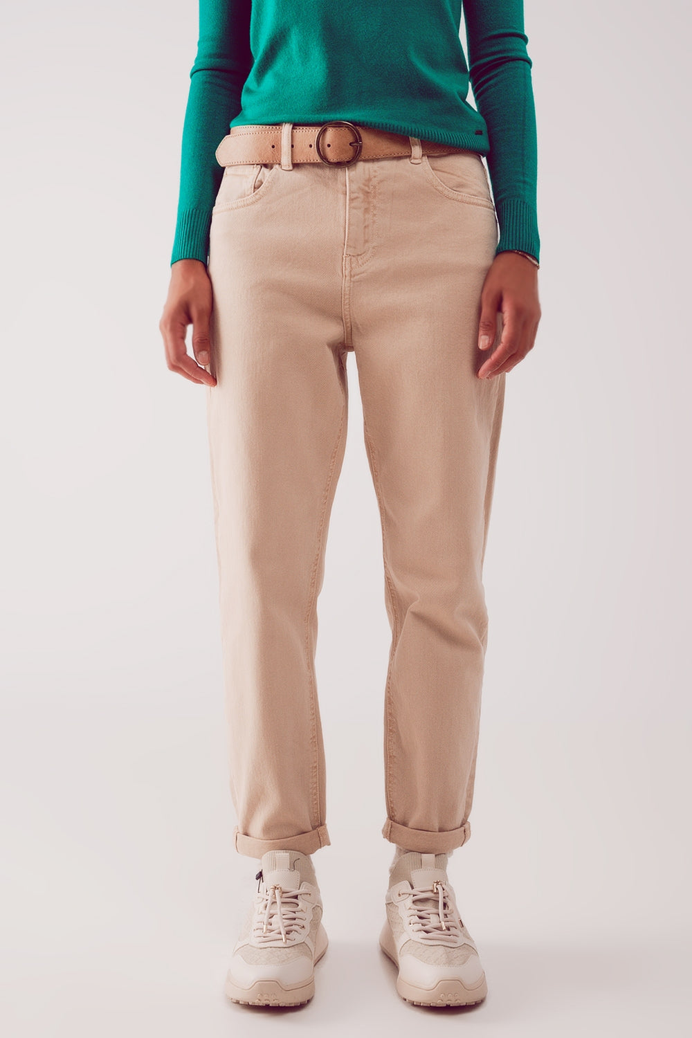 Jean slouchy à taille mi haute en coton beige