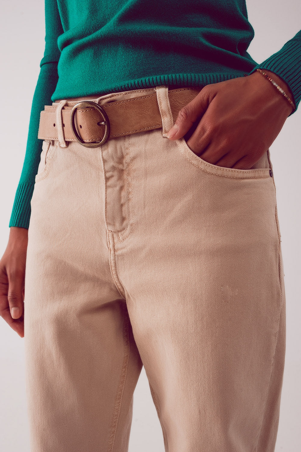 Jean slouchy à taille mi haute en coton beige