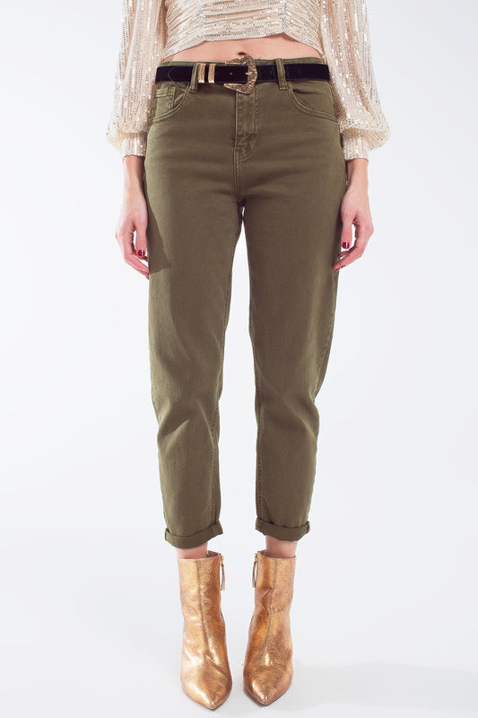 Q2 Jean slouchy en coton à taille moyenne en khaki sepia