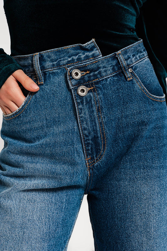 Q2 Jean straight avec bouton asymétrique Bleu moyen