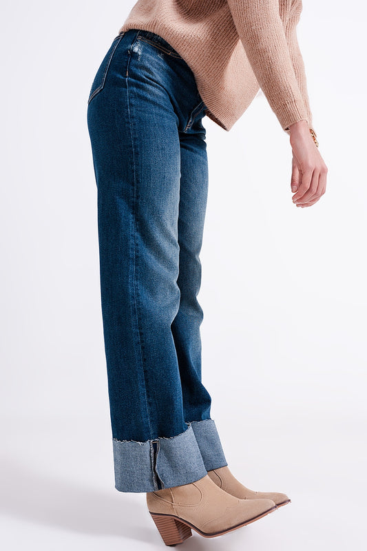 Q2 Jean straight taille haute à revers Bleu