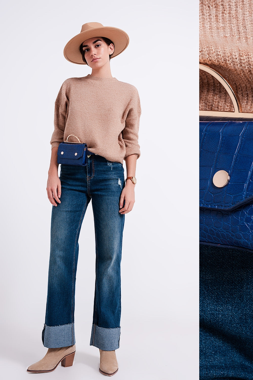 Jean straight taille haute à revers Bleu