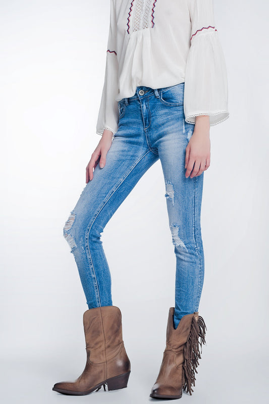 Q2 Jean super skinny à grosses déchirures bleu vintage